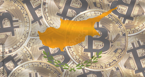 Billede på lærred Cypriot flag with Bitcoins in the background