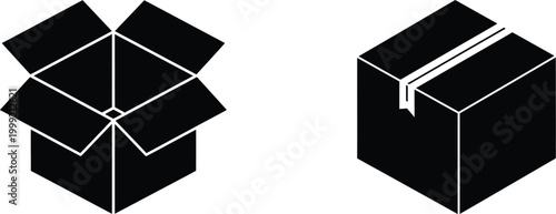 Black and white cardboard box package open and closed silhouette on white background