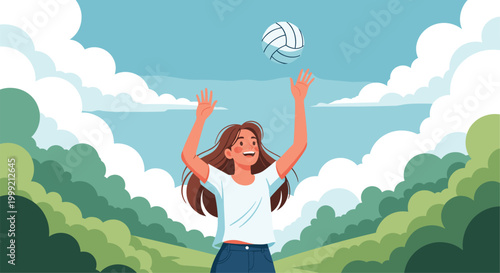 Young woman enjoys playing volleyball outdoors on a sunny day with fluffy white clouds and lush green trees in the background.