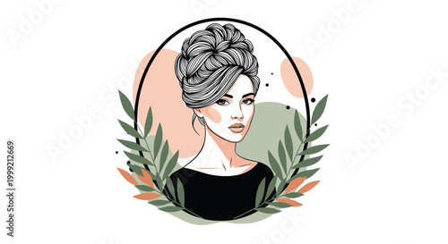 Elegant line art portrait of a woman with a sophisticated updo hairstyle framed by delicate leaves and soft abstract shapes.