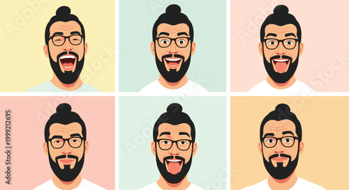 Bearded man with a bun and glasses displays various facial expressions including joy, surprise, and playfulness in six panels.