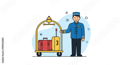 Professional hotel bellhop in a blue uniform stands beside a gold luggage trolley loaded with various colorful suitcases.