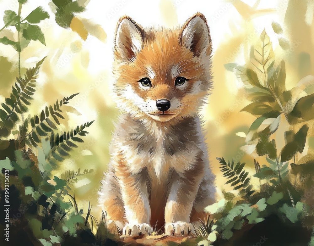 Fototapeta premium young fox kit sitting among ferns and green leaves in a sunlit forest glade, soft warm light, looking curious and content