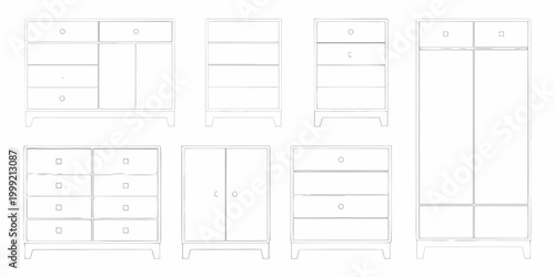 mid century modern furniture outlines ten piece set on white background