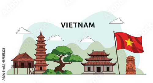 Beautiful illustration of Vietnam's landmarks including ancient temples, pagodas, and traditional architecture with the national flag.