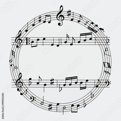 Cuadro en lienzo A circular arrangement of black musical notes on white