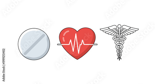 Three essential medical icons including a round pill, a heart with an electrocardiogram line, and the traditional caduceus symbol.