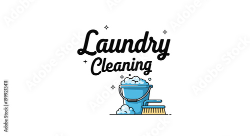 Catchy laundry cleaning logo features a blue bucket full of soapy bubbles and a wooden scrub brush under bold black text.