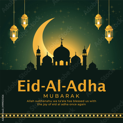 Eid Al Adha Mubarak greeting card with mosque silhouette crescent moon and hanging lanterns Vector