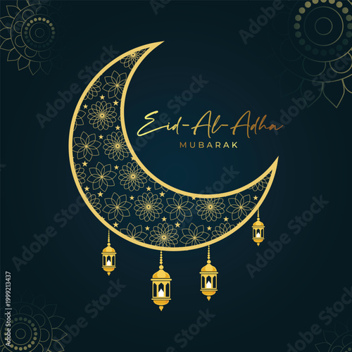 Eid Al Adha Mubarak greeting card with a golden crescent moon and hanging lanterns on a dark green background Vector
