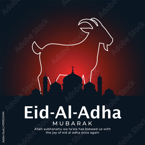 Eid Al Adha Mubarak greeting card design with a line art goat and mosque silhouette on a dark background Vector