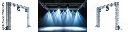 Triptych showing two standalone metal lighting gantries on white backgrounds and an empty theatrical stage with overhead truss, blue spotlights and smoky dramatic atmosphere evoking anticipation