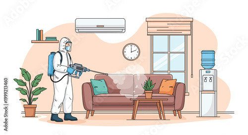 Pest control worker in a white protective hazmat suit sprays chemicals to disinfect a modern living room with furniture.