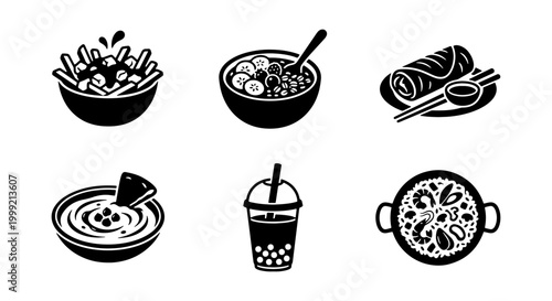 Collection of various asian food and drink illustrations