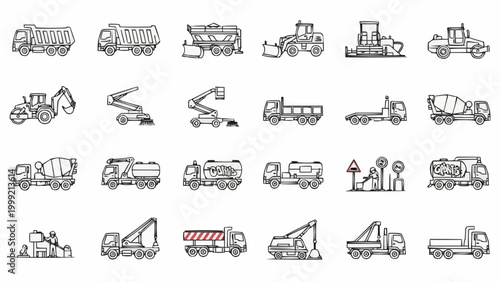 Tableau sur toile Collection of various hand-drawn heavy machinery and specialized vehicles