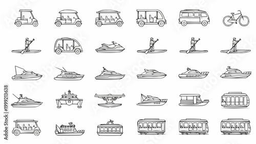 Collection of hand-drawn sketches depicting various modes of transportation and recreational vehicles.