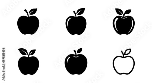 Collection of six black apple icons in various solid and outlined styles