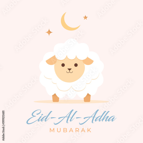 Cute cartoon sheep character for Eid Al Adha Mubarak celebration with crescent moon and stars Vector