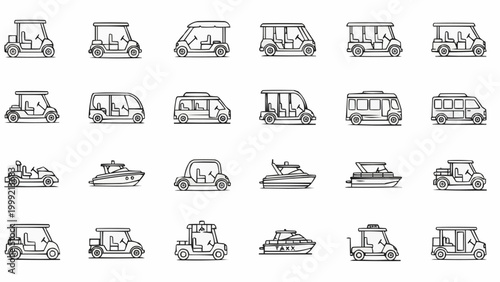 Collection of various vehicles including golf carts, vans, and speedboats in a doodle style.
