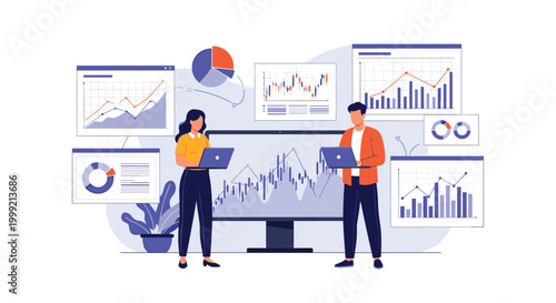 Business professionals analyze financial data and stock market trends on multiple computer screens and interactive dashboards.