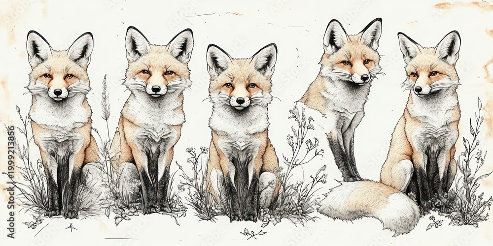 Fototapeta premium five hand-drawn red foxes sitting and standing in a meadow of grasses and wildflowers, watercolor and ink illustration with calm curious expressions