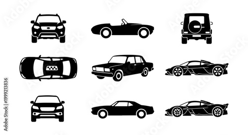 Collection of various car silhouettes in different angles and styles