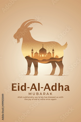 Eid al Adha Mubarak greeting card design with a goat silhouette and a mosque illustration in a circle frame Vector