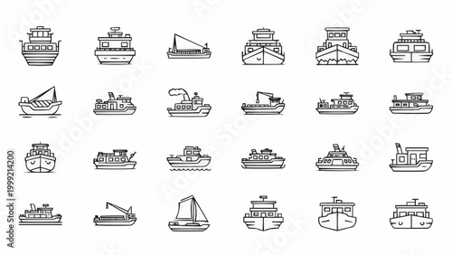 Collection of various ship and boat line art icons.