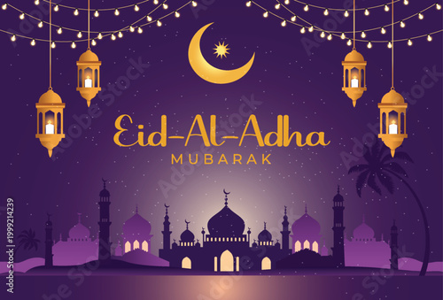 Eid Al Adha Mubarak greeting card with golden lanterns and mosque silhouette on a purple night background Vector