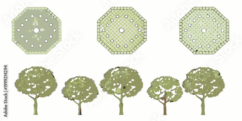 Tree and shrub top views plan diagrams vector illustration set