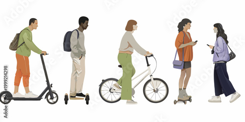 Vector illustration of five people with scooters and bicycles