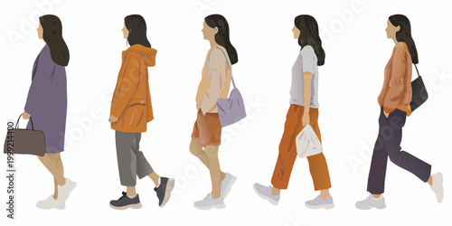walking people silhouettes five figures in colorful casual clothing