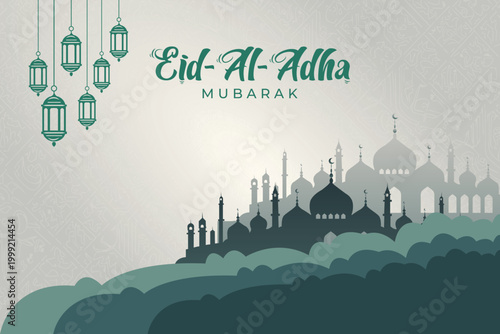 Eid Al Adha Mubarak greeting card with traditional hanging lanterns and mosque silhouette Vector