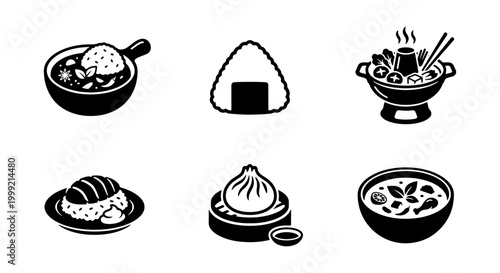 Black and white vector illustrations of various asian food dishes and sushi