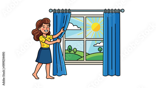 Woman opens blue curtains to reveal sunny landscape view from window indoors.