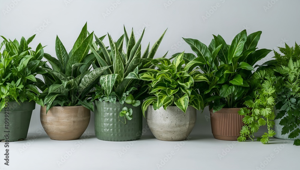 Fototapeta premium A row of various potted plants, showcasing the diversity and beauty of nature