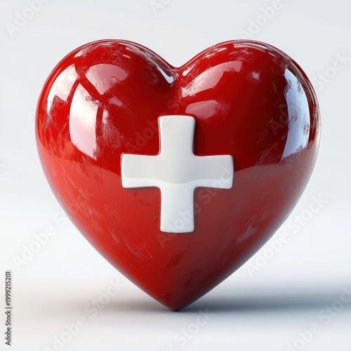 glossy red heart with a white medical cross on a white background conveying care compassion and healing