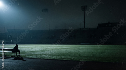 Lonely athlete sitting on a bench in dimly lit stadium at night, evoking a sense of scandal and doping controversy, with dramatic shadows and empty seats