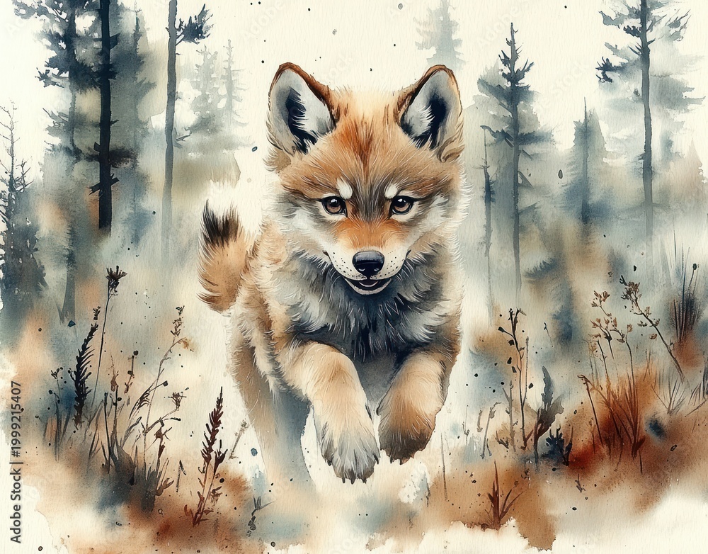 Fototapeta premium playful fox pup running through a misty pine forest with grasses and watercolor splashes, joyful and energetic expression