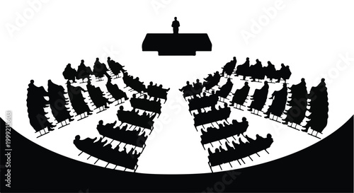 Businessman giving presentation to large audience in conference hall with rows of seats, corporate meeting, seminar, lecture, public speaking, leadership concept