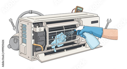 Person cleaning air conditioner unit.
