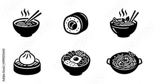 Black and white illustration of various asian dishes