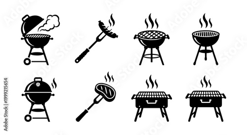 Collection of various barbecue grills and utensils icons in black