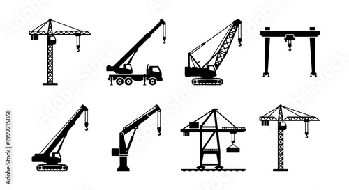 Collection of various crane icons in black silhouette