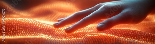 hand gently skimming a glowing orange textured fabric studded with tiny lights and wave-like ridges, evoking curiosity and calm