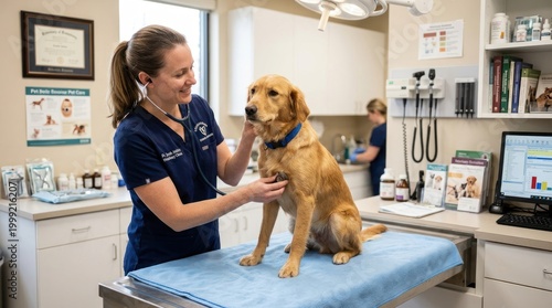 A female veterinarian, wearing a blue shirt and stethoscope, interacts with a golden Labrador dog on a blue examination table in a veterinary clinic.