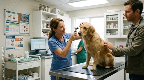 A female veterinarian in blue scrubs examines a golden retriever dog on a metal examination table, while a man in a brown jacket pets the dog.