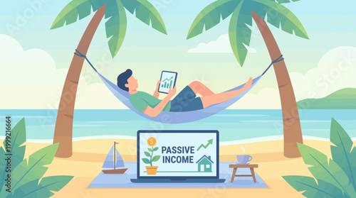 Man Relaxing on Beach with Laptop.