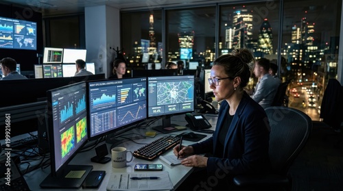 A woman sits at a desk in a dimly lit control room at night, surrounded by multiple computer monitors displaying financial data and charts.