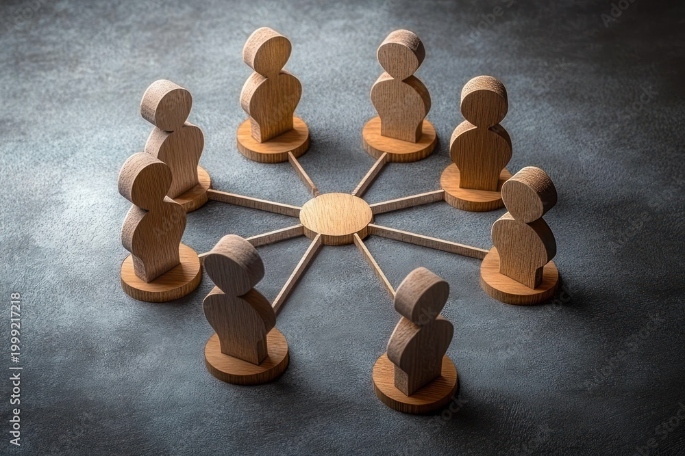 Obraz premium wooden peg people arranged in a circle connected to a central hub with wooden spokes on a dark textured surface, conveying unity and collaboration